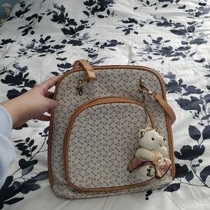 Stylish Beige Patterned Women's Bag with Bear Charm